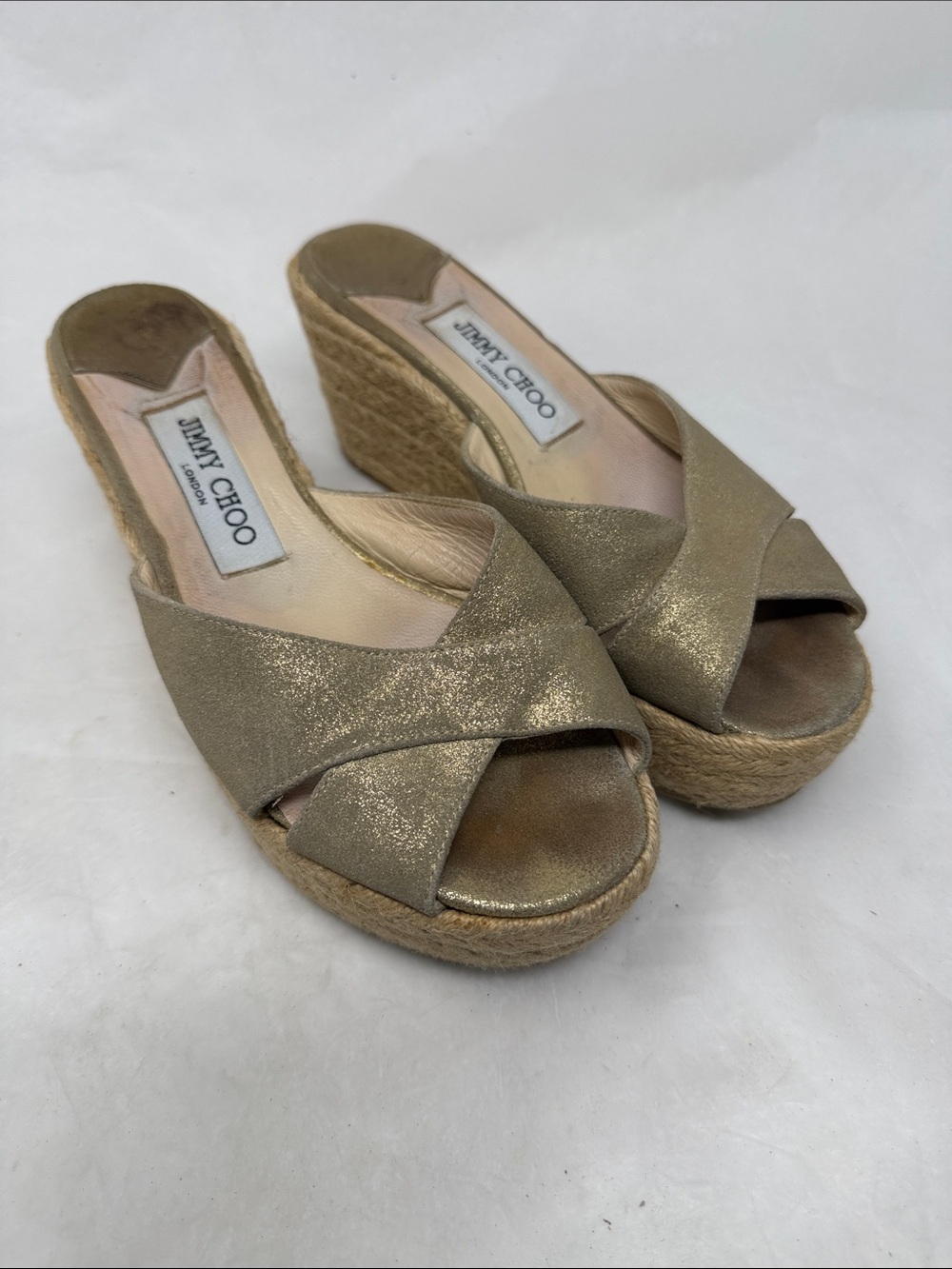Jimmy Choo Gold Metallic Espadrille Wedge Sandals Size 38